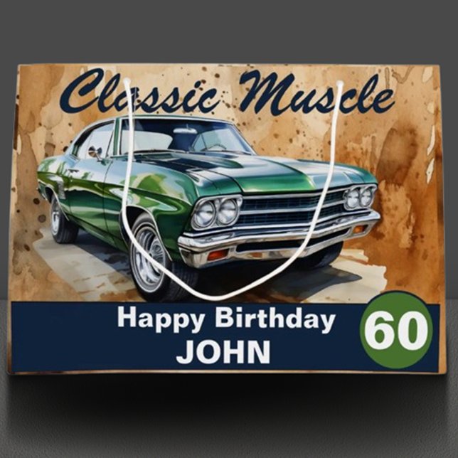 60 Aniversario, Gran Bolsa de Regalo de Autos Musc (Rev up your celebration with our classic green muscle car illustration! )