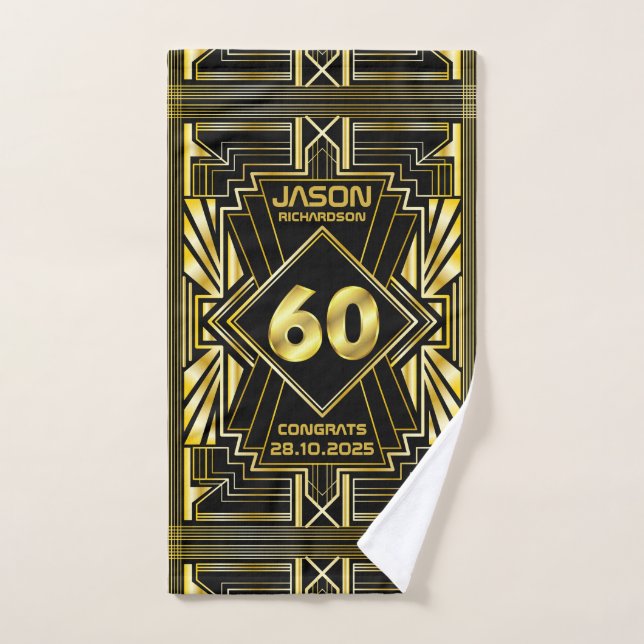 60 cumpleaños Art Deco Oro Gran Gatsby Negro (Toalla de mano)
