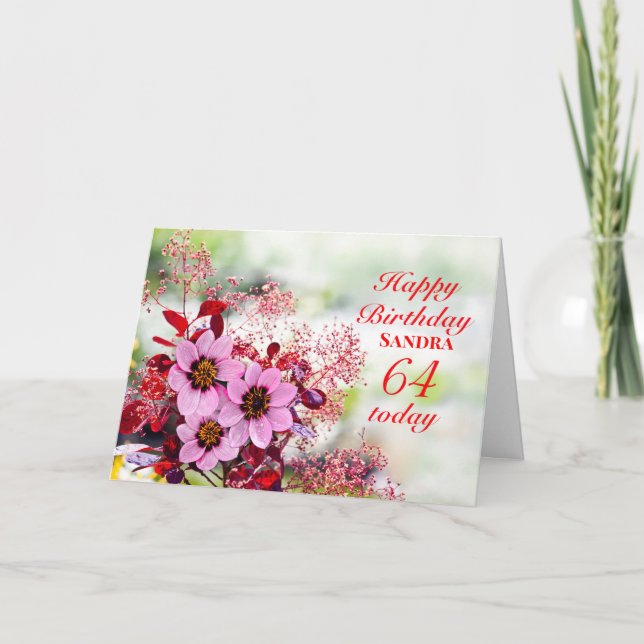 64 Aniversario Flores Rosadas Añadir una Tarjeta d (Anverso)