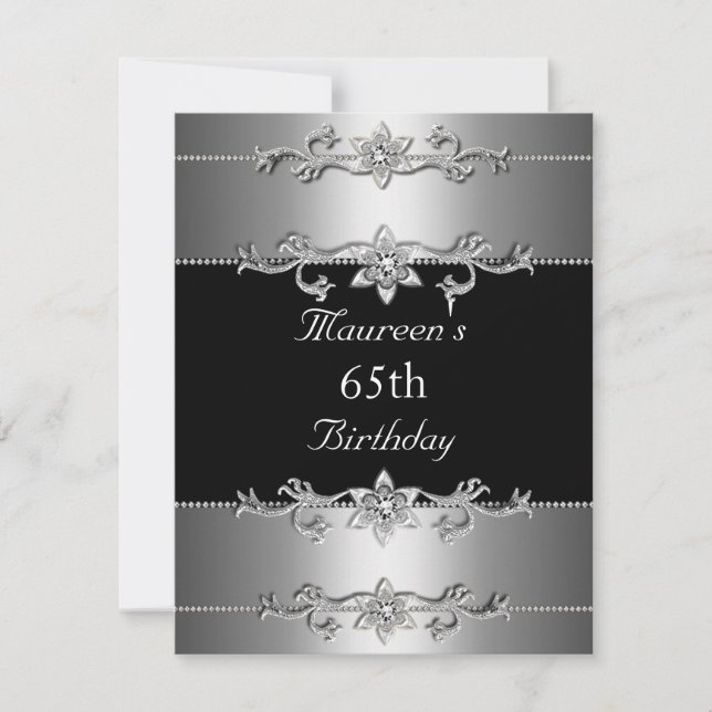 65.ª invitación a cumpleaños elegante plata negra (Anverso)