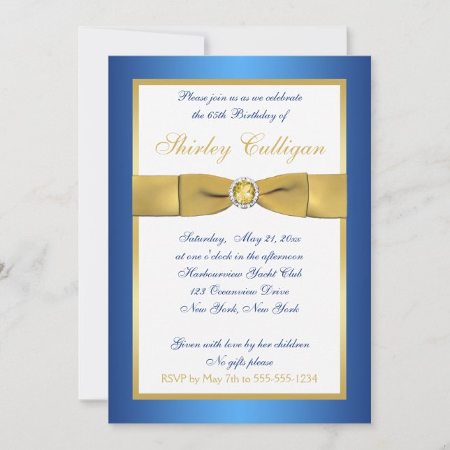 65.a invitación del cumpleaños del azul y del oro (Anverso)