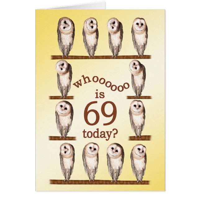 69 cumpleaños, tarjeta Curious owls. (Frente)