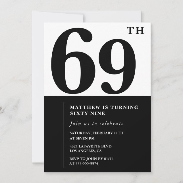 69 invitaciones de cumpleaños Black and White Eleg (Anverso)