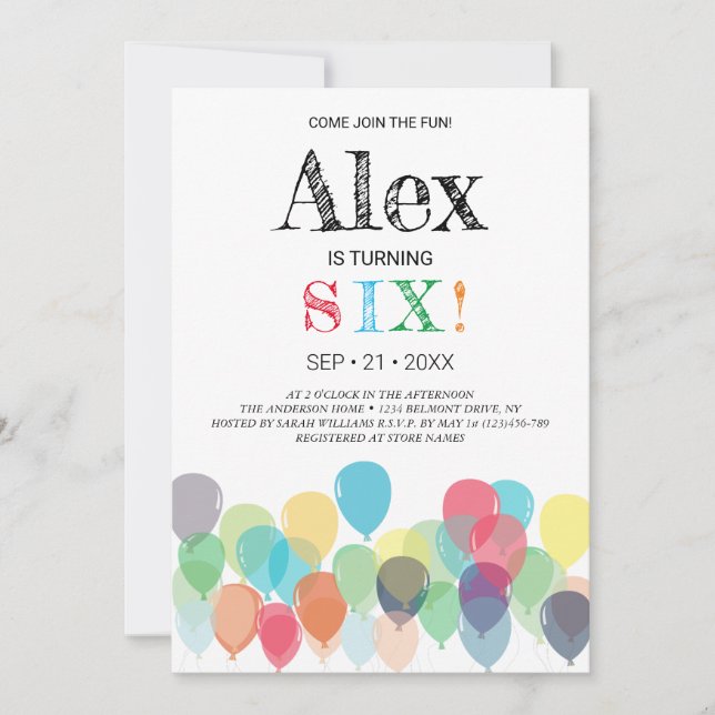 6.ª invitación a la fiesta de los globos de cumple (Anverso)