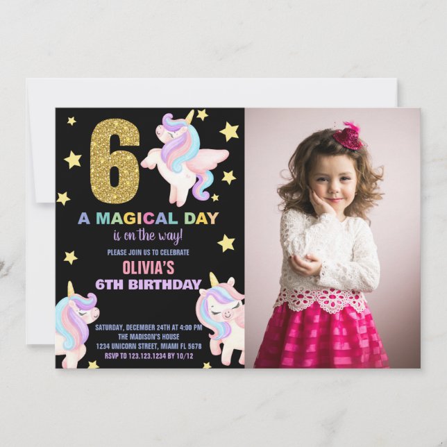 6.ª invitación a los cumpleaños de Rainbow Unicorn (Anverso)