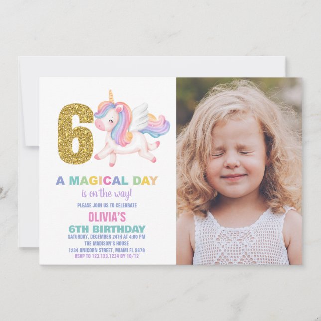 6.ª invitación a los cumpleaños de Rainbow Unicorn (Anverso)