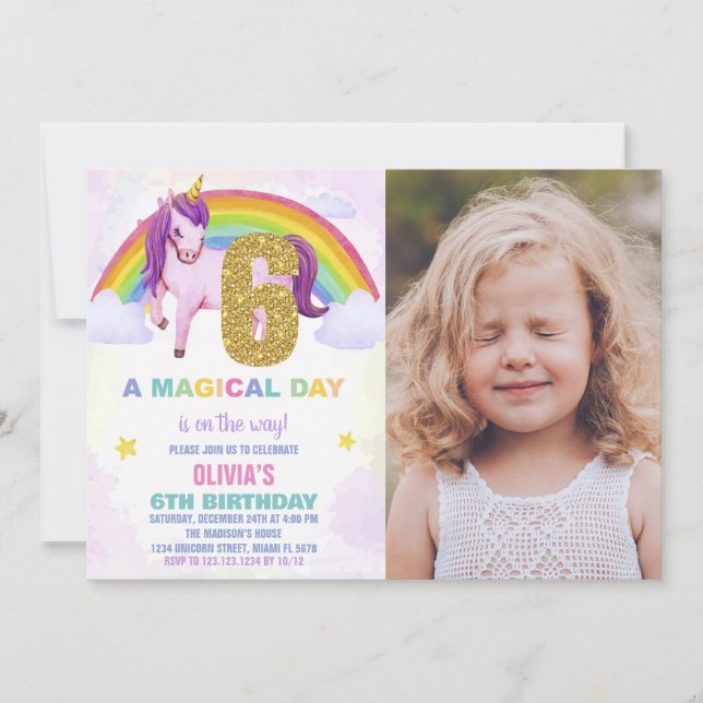 6.ª invitación a los cumpleaños de Rainbow Unicorn (Anverso)