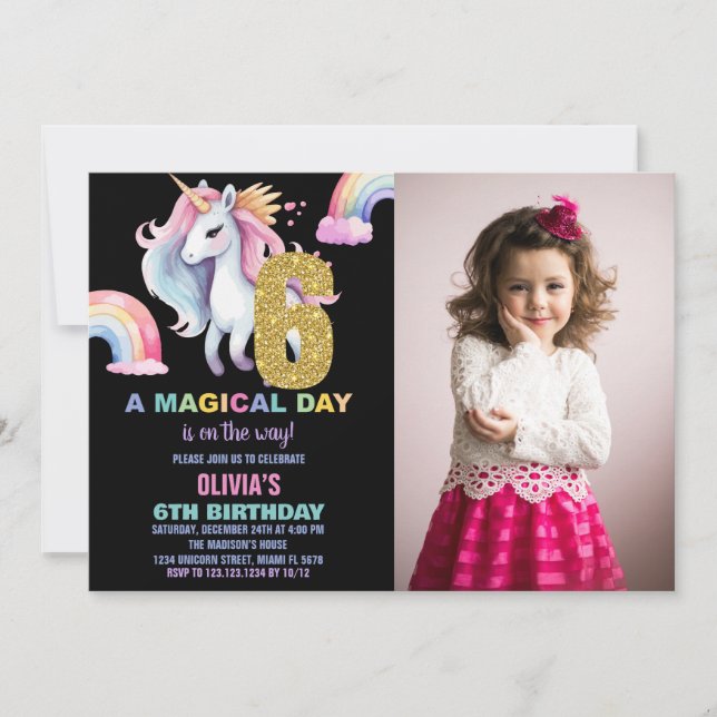 6.ª invitación a los cumpleaños de Rainbow Unicorn (Anverso)