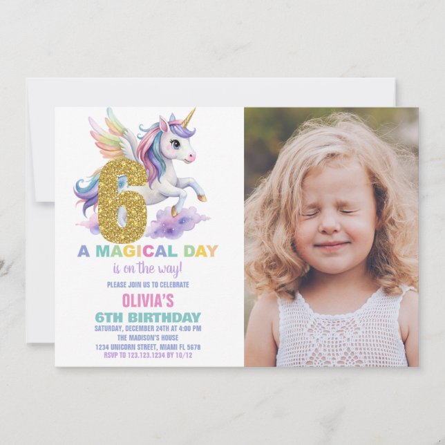 6.ª invitación a los cumpleaños de Rainbow Unicorn (Anverso)