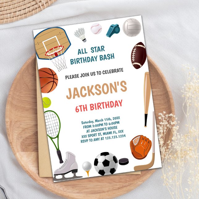 6.ª invitación a los deportes de cumpleaños (6th Birthday Sports Birthday Invitations)