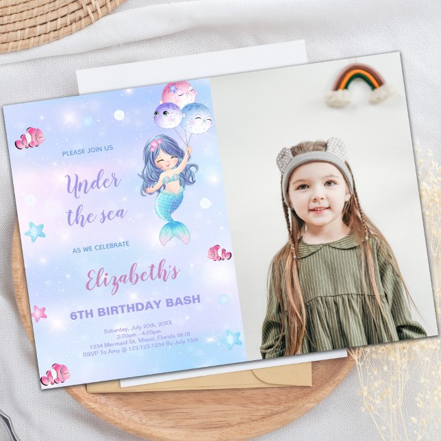 6.ª invitación al cumpleaños de la sirena con foto (6th Mermaid Birthday Invitations with photo)