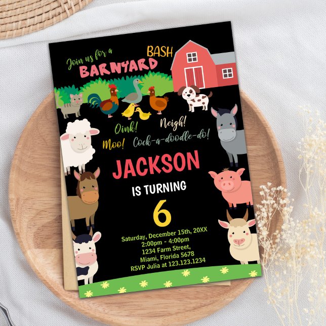 6.ª invitación de cumpleaños a los animales de la  (6th Black Farm Animals Birthday Invitations)