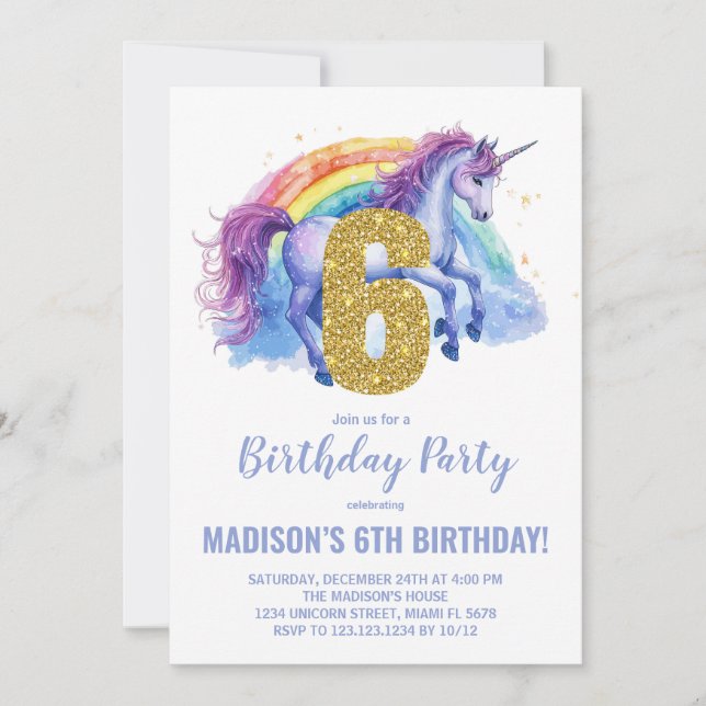 6.ª invitación de cumpleaños de Rainbow Unicorn (Anverso)