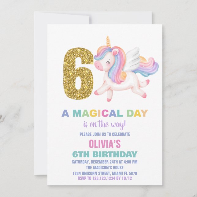 6.ª invitación de cumpleaños de Rainbow Unicorn (Anverso)