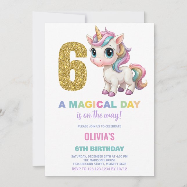 6.ª invitación de cumpleaños de Unicornio (Anverso)