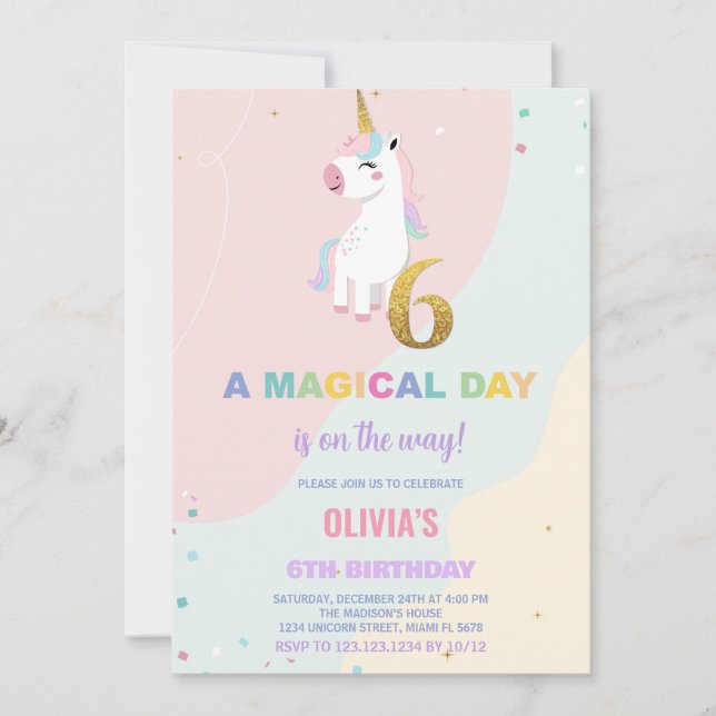 6.ª invitación de cumpleaños de Unicornio (Anverso)