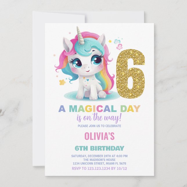 6.ª invitación de cumpleaños de Unicornio (Anverso)