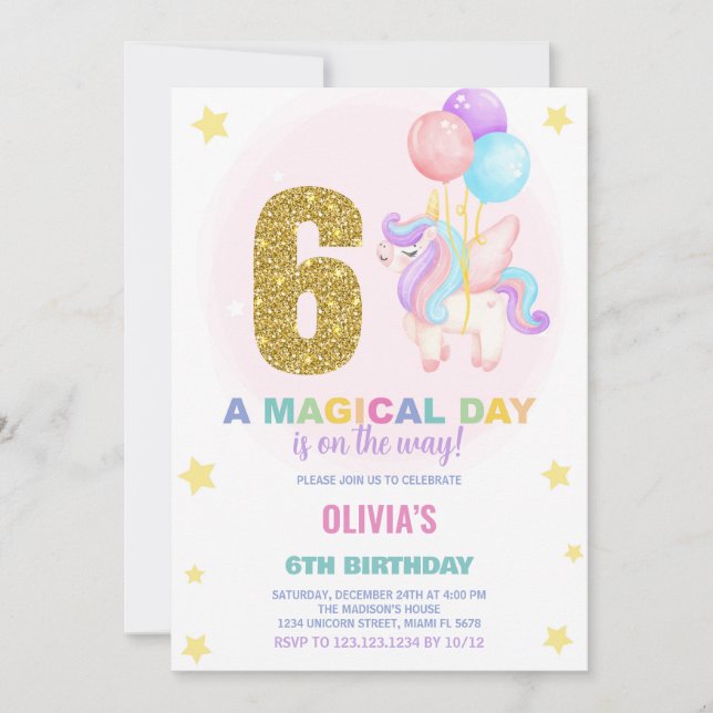 6.ª invitación de cumpleaños de Unicornio (Anverso)