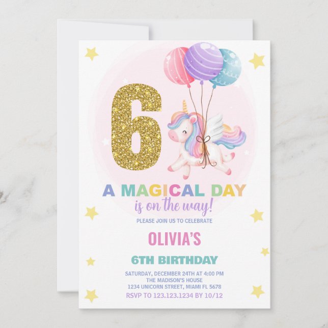 6.ª invitación de cumpleaños de Unicornio (Anverso)