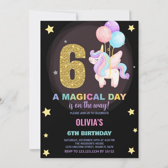 6.ª invitación de cumpleaños de Unicornio (Anverso)