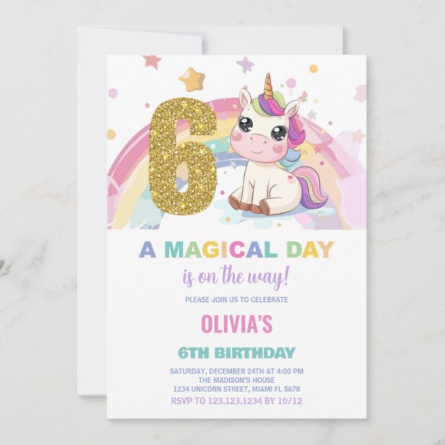 6.ª invitación de cumpleaños de Unicornio (Anverso)
