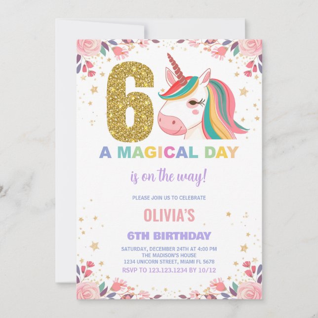 6.ª invitación de cumpleaños de Unicornio (Anverso)