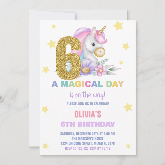 6.ª Invitación de cumpleaños de Unicornio floral (Anverso)