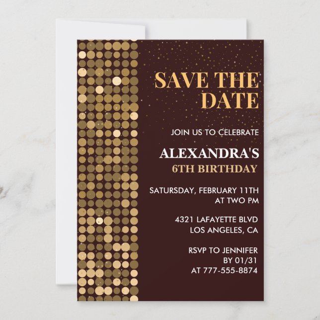 6.ª invitación de cumpleaños Guardar la fecha Oro (Anverso)