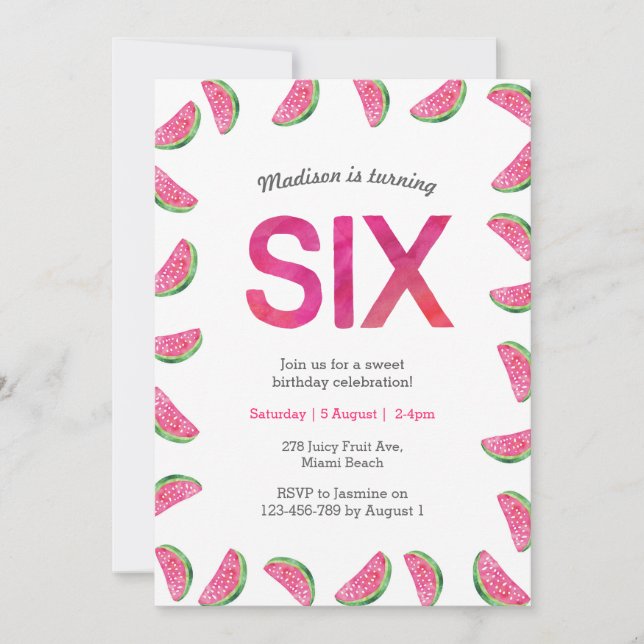 6.ª invitación de cumpleaños | rosa de la sandía t (Anverso)