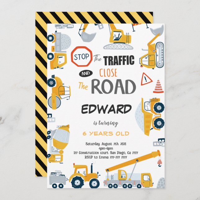 6.ª invitación de un niño de construcción de cumpl (Anverso / Reverso)