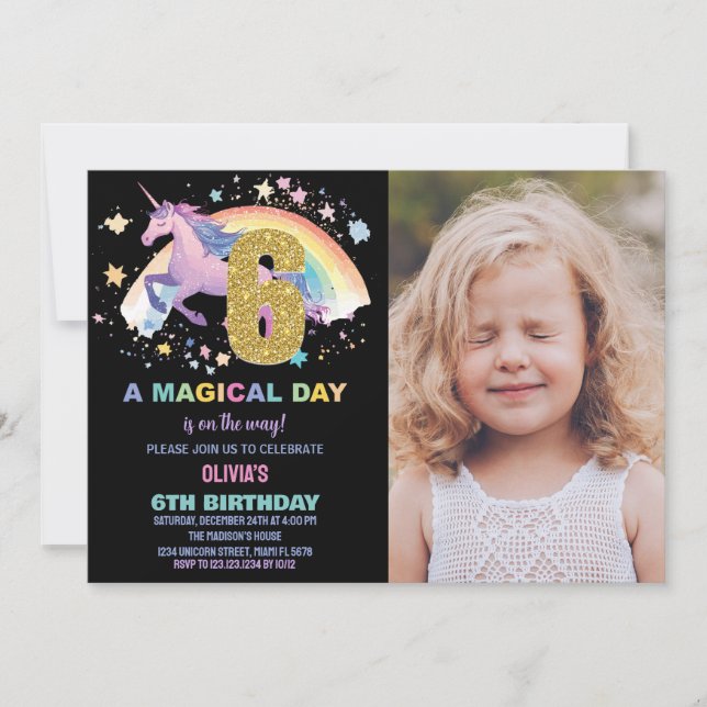 6.ª invitación de unicornio a los cumpleaños con f (Anverso)