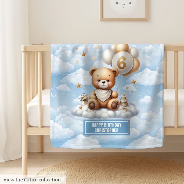 6.ª manta de niño de cumpleaños con colcha de agua (6th birthday boy blanket with watercolor teddy)