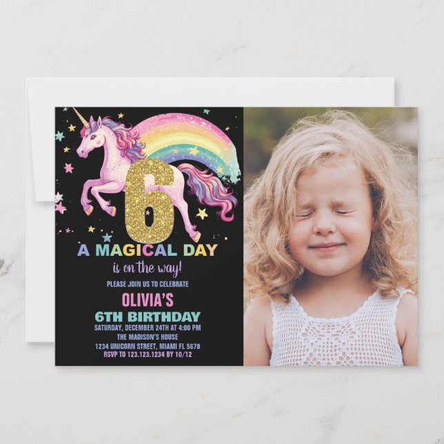 6.ª unicornio invitaciones de cumpleaños negro con (Anverso)