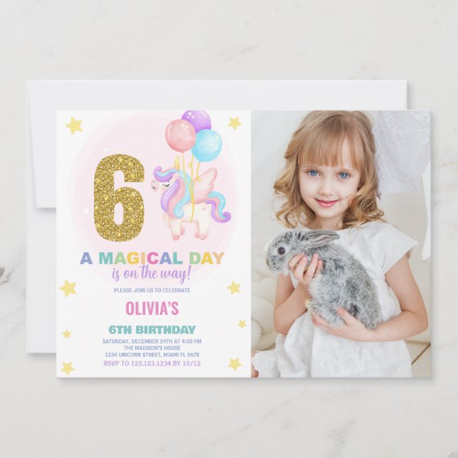 6.º cumpleaños de Unicornio invitaciones de cumple (Anverso)