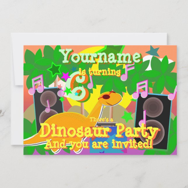 6.º cumpleaños Guay Dinosaur DJ Party Invitaciones (Anverso)