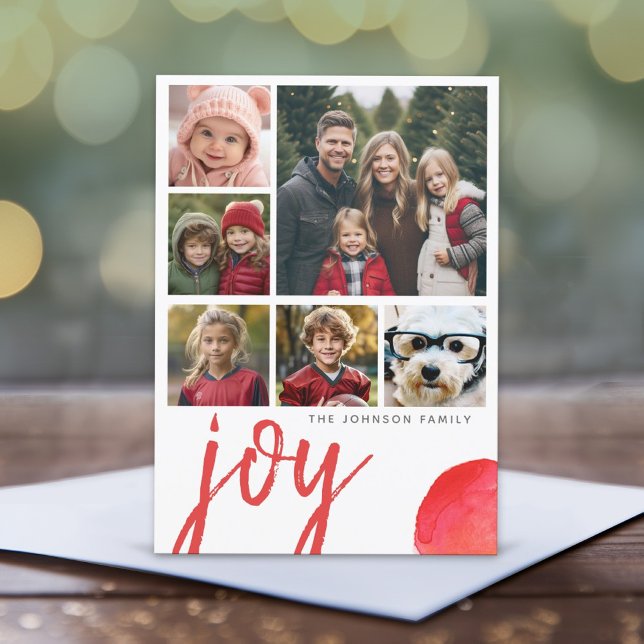 6 Alegría fotográfica Feliz Navidad Color mínimo d (6 Photo Christmas Card with Watercolor Design - Print or Instant Download)
