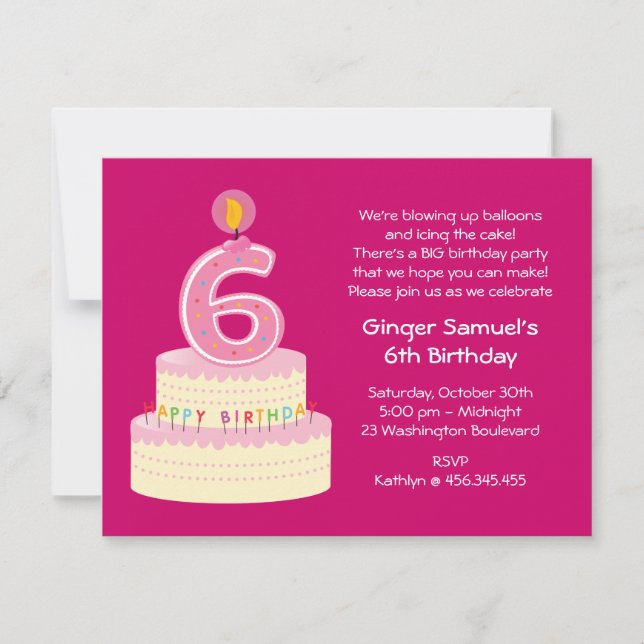 6to Invitación simple de la torta de cumpleaños (Anverso)