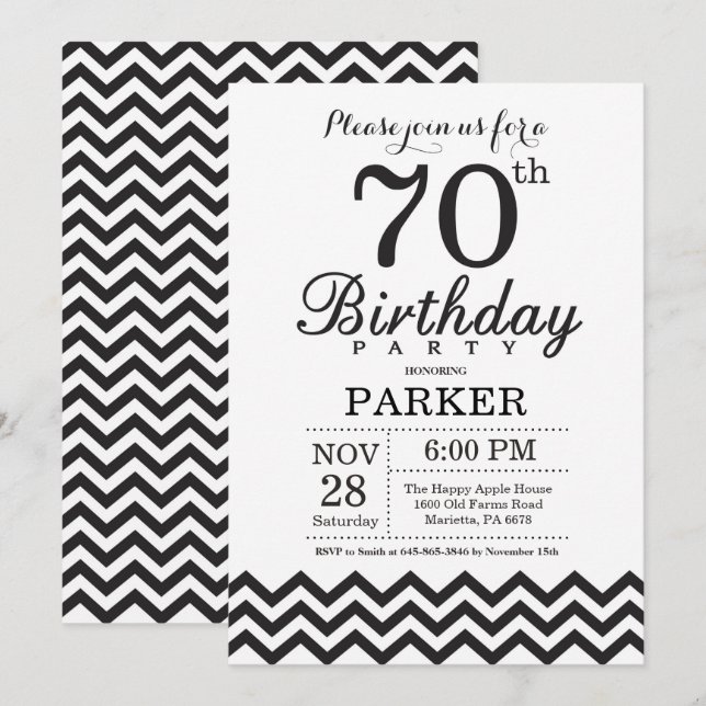 70.ª invitación de cumpleaños Chevron blanco y neg (Anverso / Reverso)