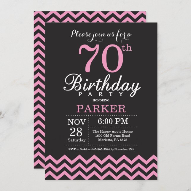 70.ª invitación de cumpleaños Chevron negro y rosa (Anverso / Reverso)