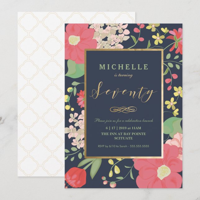 70.ª Invitación de cumpleaños - Elegante Floral -  (Anverso / Reverso)