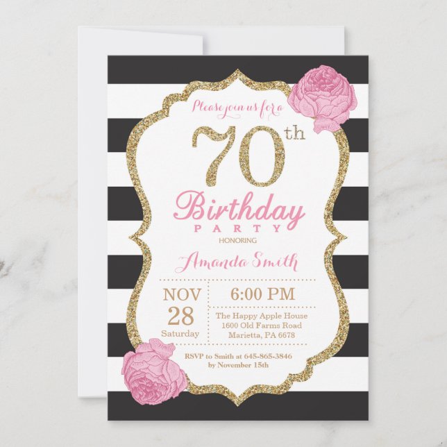 70.ª invitación de cumpleaños Floral de oro negro  (Anverso)