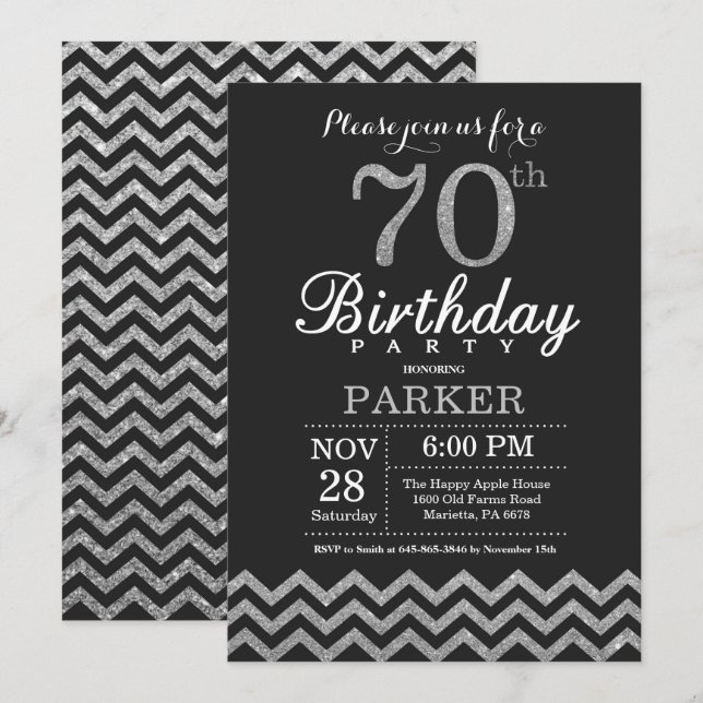 70.ª invitación de cumpleaños Purpurina negro y pl (Anverso / Reverso)
