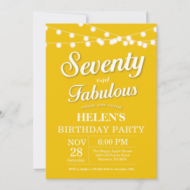 70.ª invitación de cumpleaños Yellow Fabulous (Anverso)