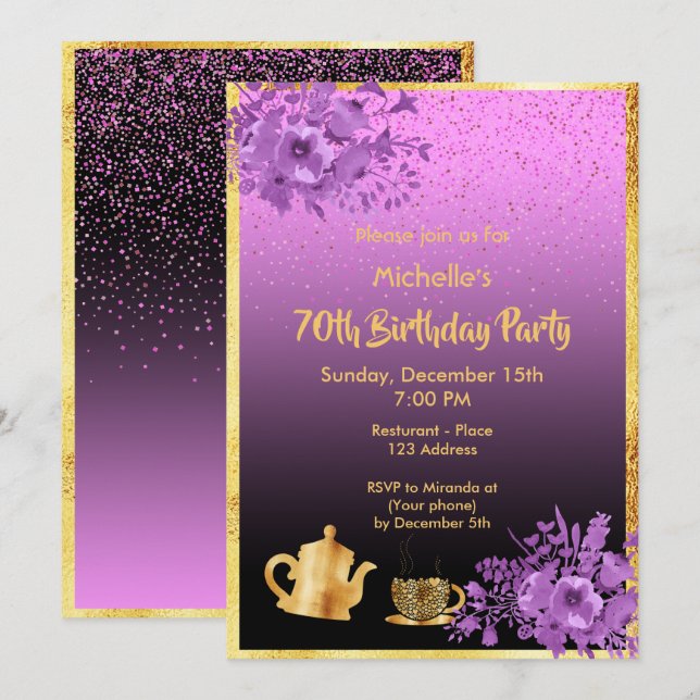 70.ª invitación de fiesta de cumpleaños oro morado (Anverso / Reverso)
