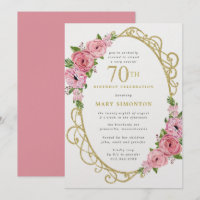 70.ª Invitación de oro con flores rosadas de cumpl