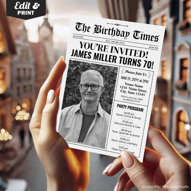 70.ª invitación de periódico de cumpleaños con pro (70th Birthday Newspaper Invitations with Program)