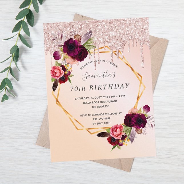 70.ª invitación de purpurinas de oro rosa de cumpl (Subido por el creador)