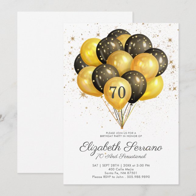 70.ª Invitación De Purpurinas Negros Y Oro (Anverso / Reverso)
