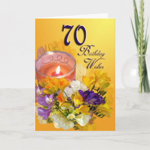 70.ª tarjeta de cumpleaños feliz - freesias y vela
