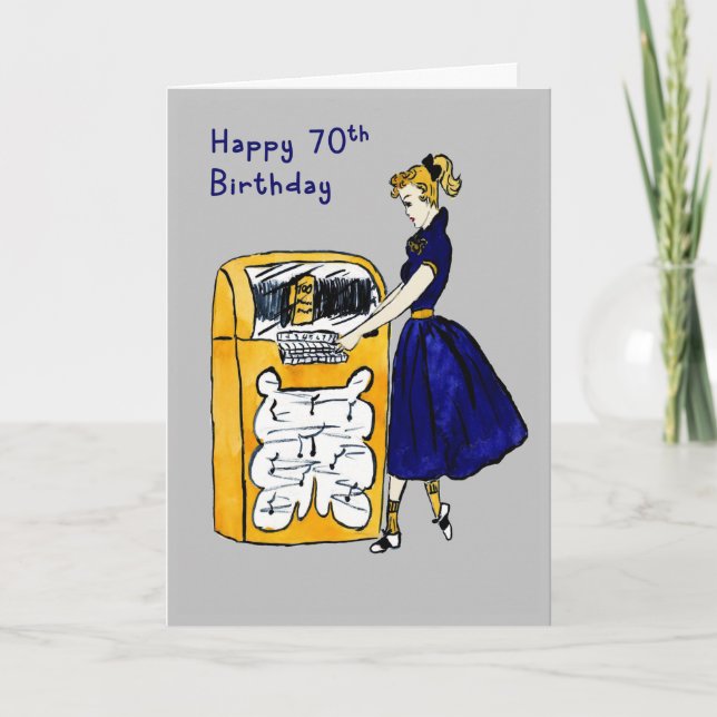 70.ª Tarjeta de Cumpleaños Retro Juke Box & Lady (Anverso)
